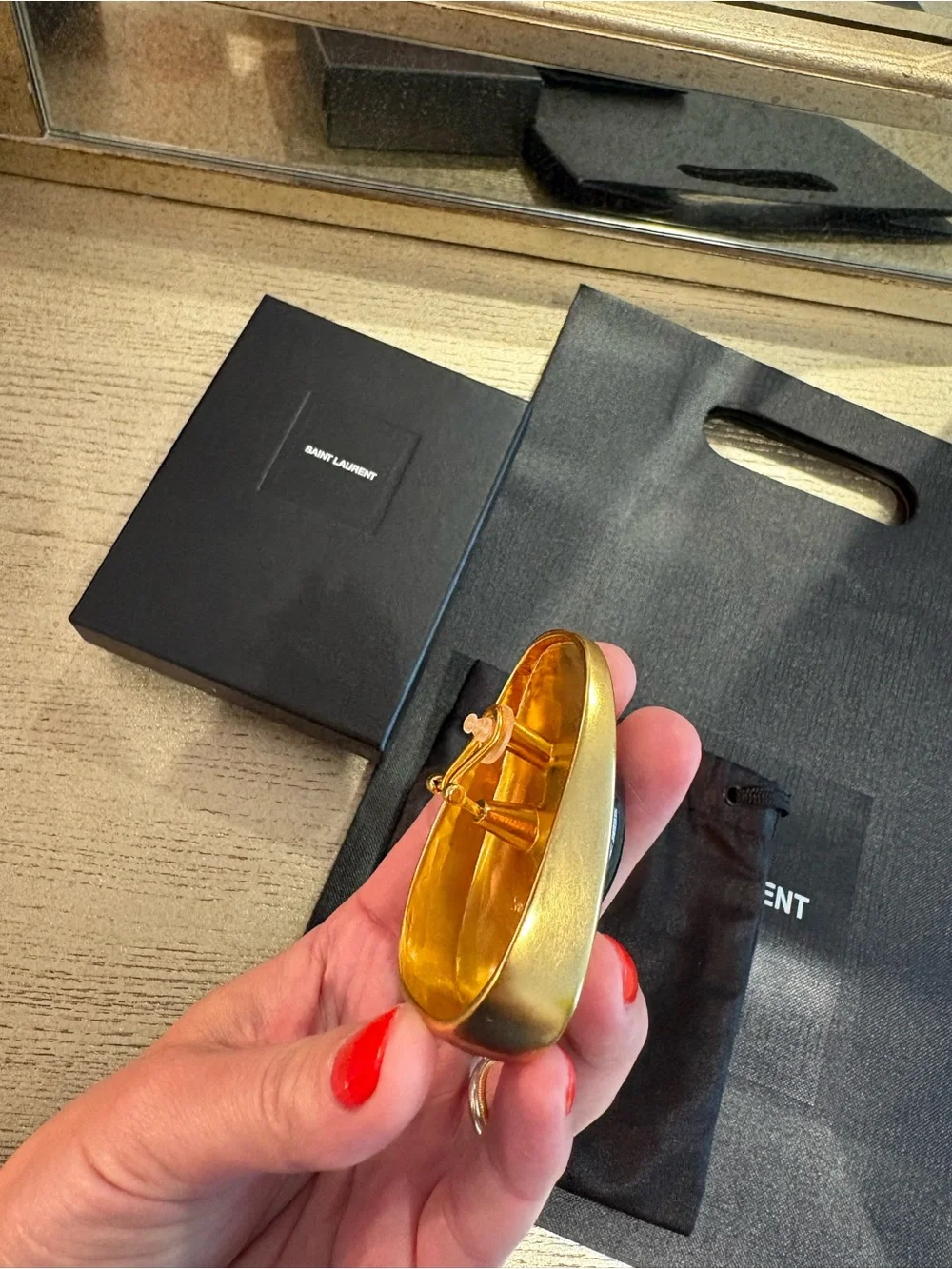 SAINT LAURENT Cabochon Clip-On Earrings Gold Tone Metal Green Resin Gemstone - Picture 8 of 16